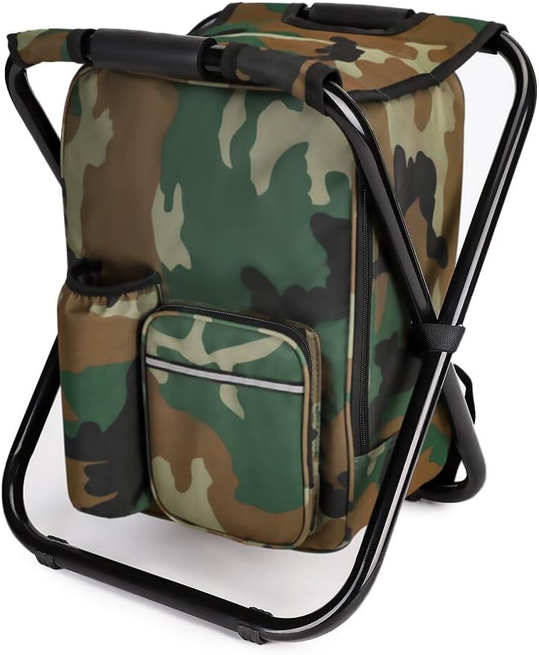 61pXAPlkOYL._AC_SL1000_.jpg Portable Hiking Camouflage Camping Stool, Folding Camping Chair Stool Backpack with Cooler Insulated Picnic Bag - Image 1