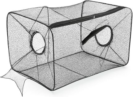 Compact Foldable Fishing Net Trap with Zipper Nylon Mesh Bait Cage for Fish, Eels, Crabs