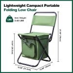 Portable Foldable Fishing Chair with Cooler Bag, Lightweight Backrest Stool Compact Folding Chair Seat, Outdoor Backrest Stool with Folding Backpack for Camping Hunting (Green) - Image 2