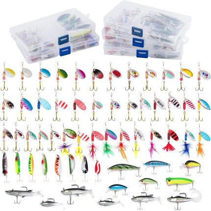 60 Pieces Fishing Lures Kit, 5 Box with Tackle Included, Spinnerbait Set Rooster Tail Trout Bass Freshwater Crappie Walleye Bait Assorted