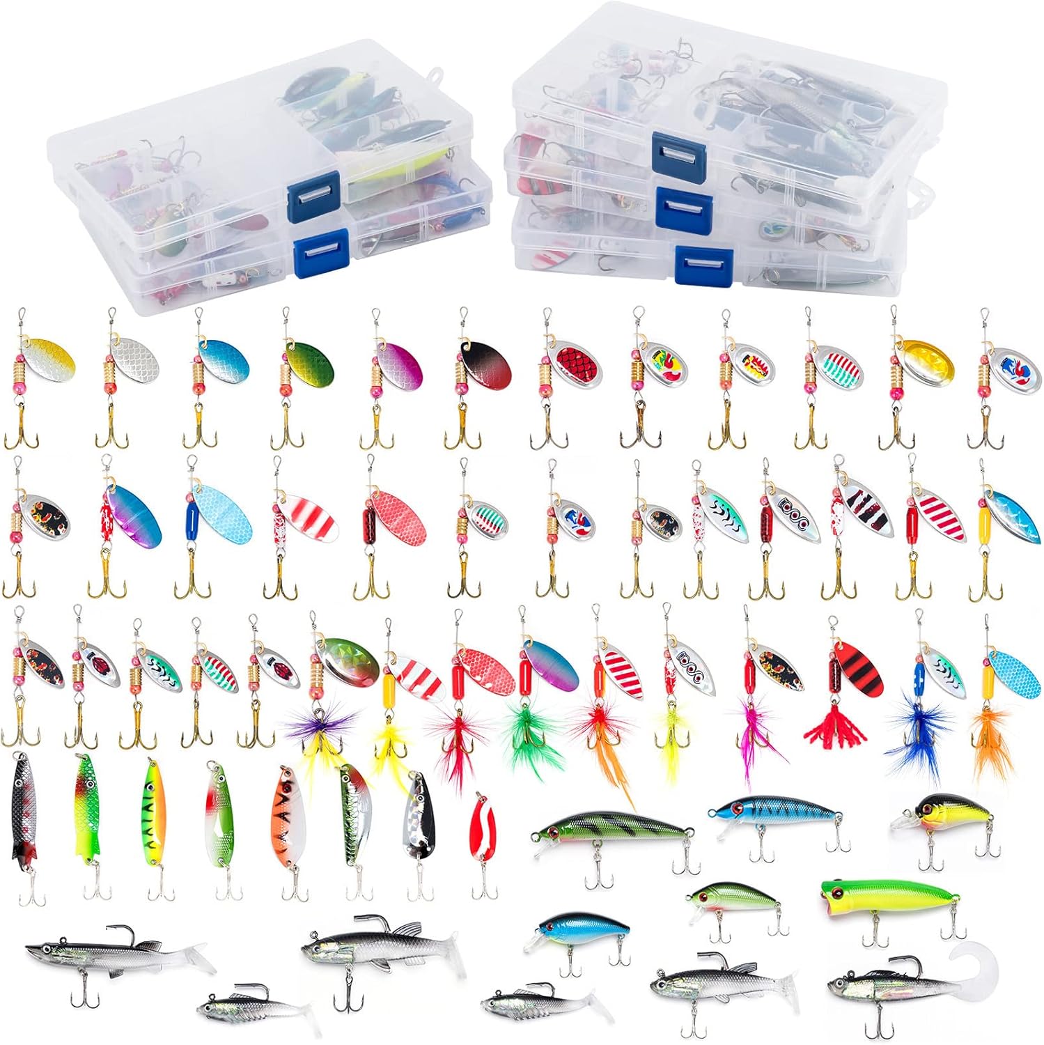 817z8B4E5mL._AC_SL1500_.jpg 60 Pieces Fishing Lures Kit, 5 Box with Tackle Included, Spinnerbait Set Rooster Tail Trout Bass Freshwater Crappie Walleye Bait Assorted - Image 1