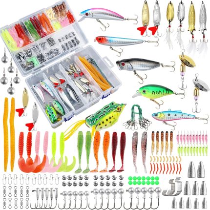 Fishing Lures Tackle Bait Kit Set, Tackle Box with Tackle Included, , Wo, Spinner, Weights, Hooks & Other Accessories for Freshwater Bass Trout Fishing Gear Gifts for Men