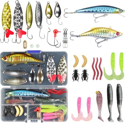 Fishing Lures Set Fish Lure kit for Bass Trout Salmon Freshwater Fish Tackle kit Including Plastic Shrimp Worm Bait Spoon Grasshopper  Jigs Hooks Fishing Gear and Equipment