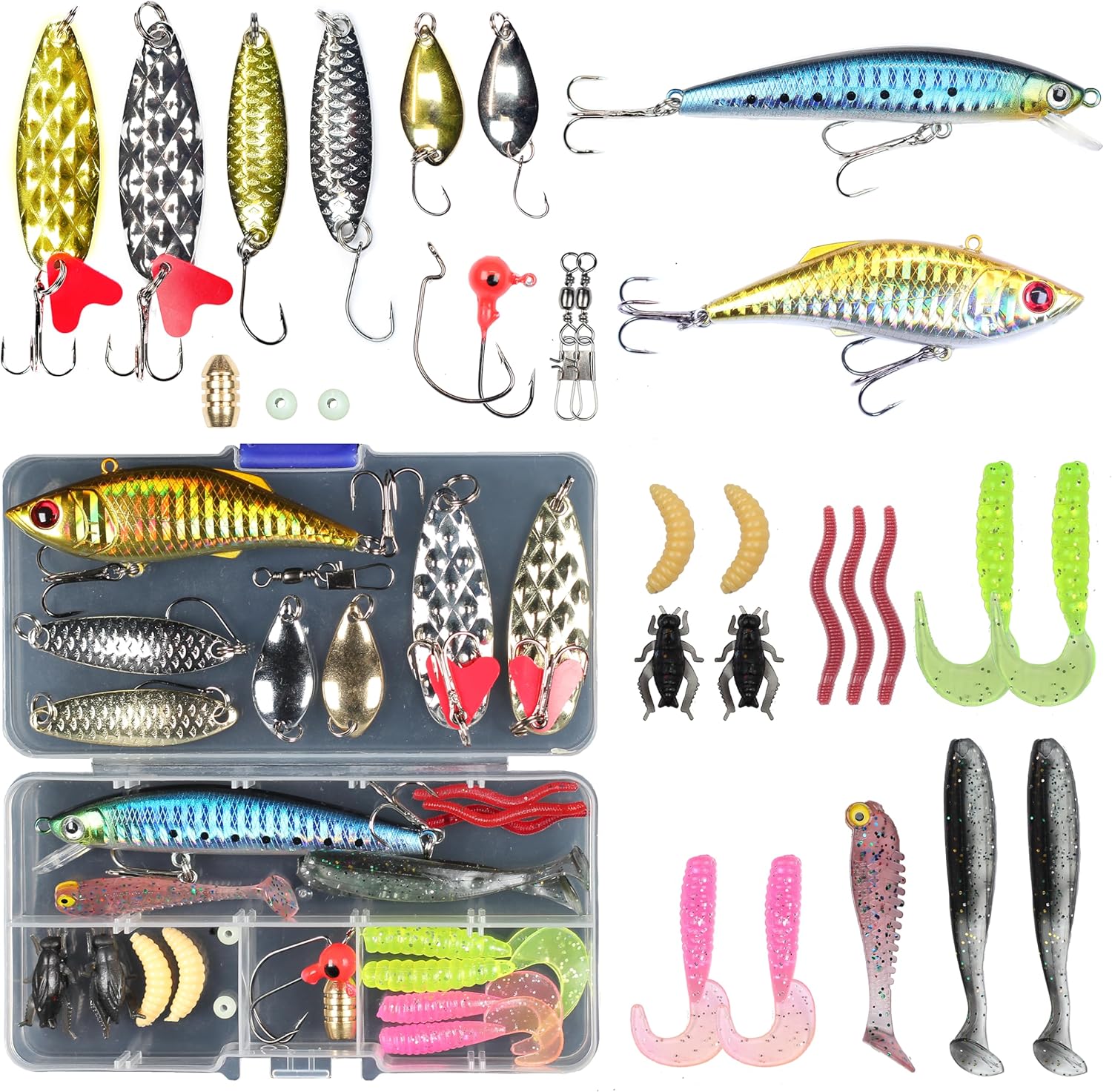 91yCjbvsRpL._AC_SL1500_.jpg Fishing Lures Set Fish Lure kit for Bass Trout Salmon Freshwater Fish Tackle kit Including Plastic Shrimp Worm Bait Spoon Grasshopper Jigs Hooks Fishing Gear and Equipment - Image 1